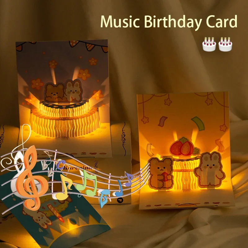 3D Pop Up Light Music Birthday Card Cute Bear Cake Greeting Cards Happy Birthday Party Surprise Blessing Card Gifts