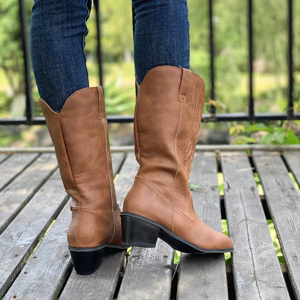 Gicoiz Stivali Da Cowboy Donna - Collo Alto, Punta Affusolata E Tacco A Blocco 7,5 Cm - Senza Chiusura, Slip On, Fodera Sintetica - Nero