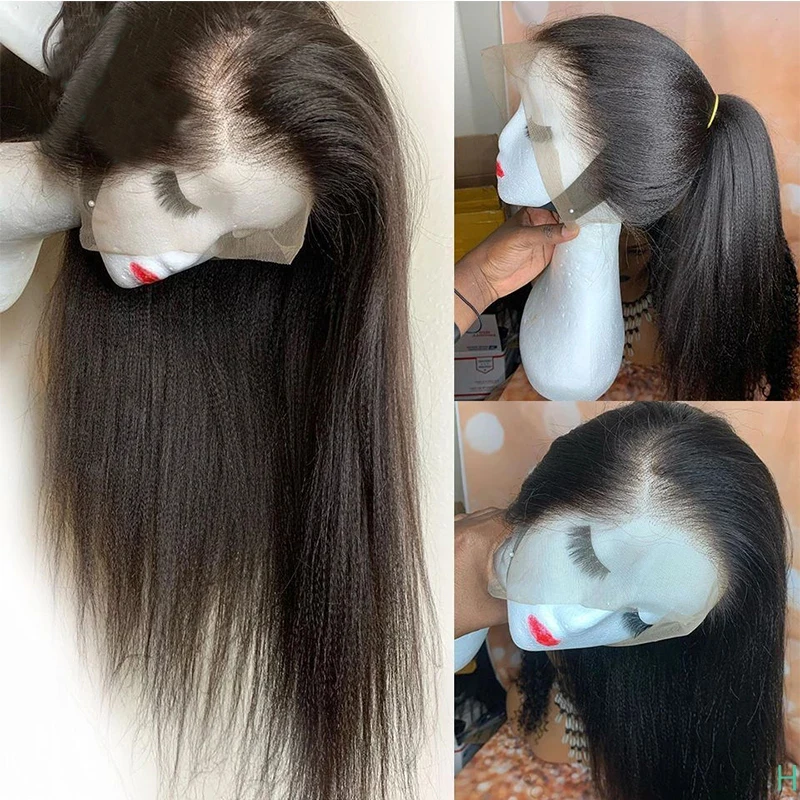 

Preplucked 26 Inch LongYaki Kinky Straight 180Density Black Color Lace Front Wig For Women Babyhair Glueless Wig