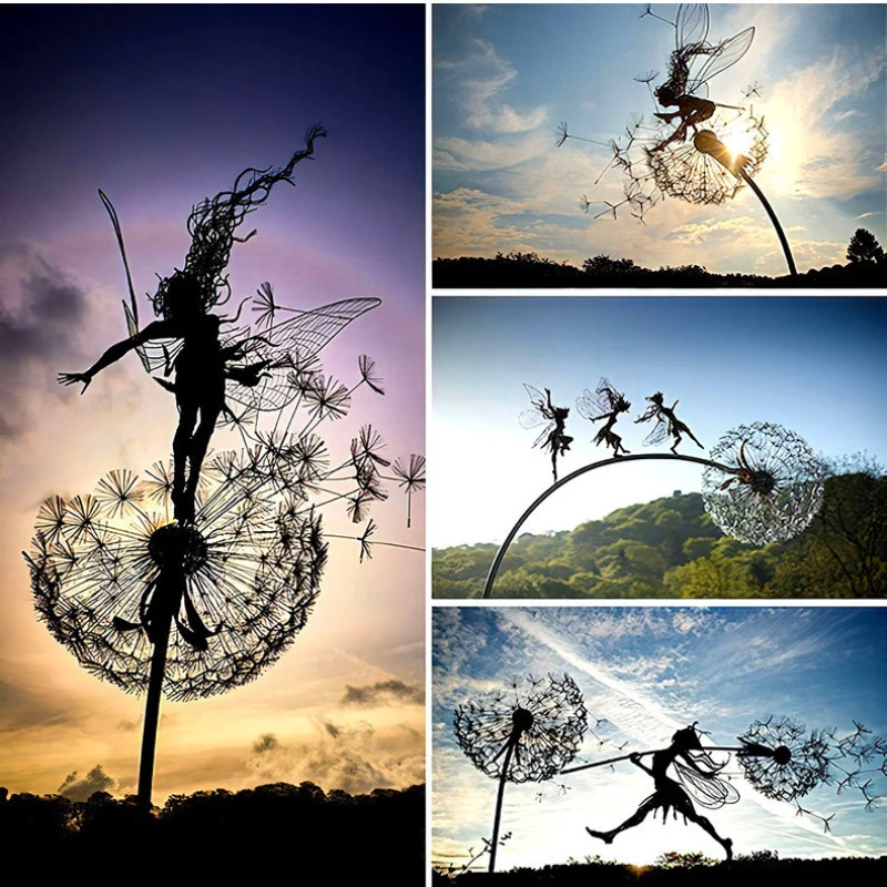 

New Dancing Fairy Statue Steel Wires Fairy Elf Dandelion Miniature Sculpture Mythical Garden Figurine Fairies Pixies Yard Decor