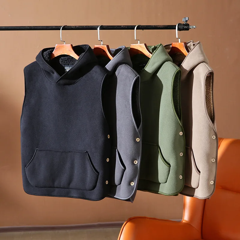 

2023 Autumn Winter Men Vests Jackets Thicken Warm Hooded Coats Casual Buttons Waistcoat Solid Color Male Sleeveless Outerwear