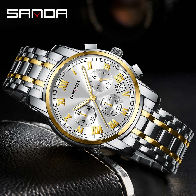 SANDA Quartz Watch Mens Watches Top Brand Fashion Multifunctional Three Eye Dial Design Waterproof Watch Steel Band Reloj Hombre