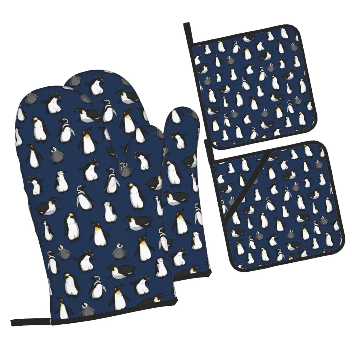 Cute Penguin Pattern Dark Blue Variant Oven Mitts and Pot Holder Sets of 4 for Baking Kitchen Cooking Grilling Resistant Gloves