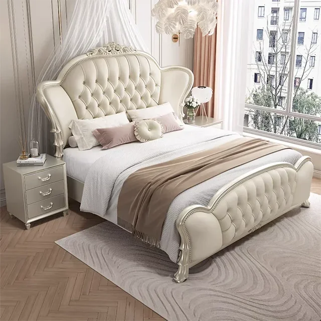 Lit double nordique 180x200cm avec tête de lit, cadre de lit complet pour chambre à coucher, ensemble de meubles de chambre à coucher royale ﻿   Luxe 1