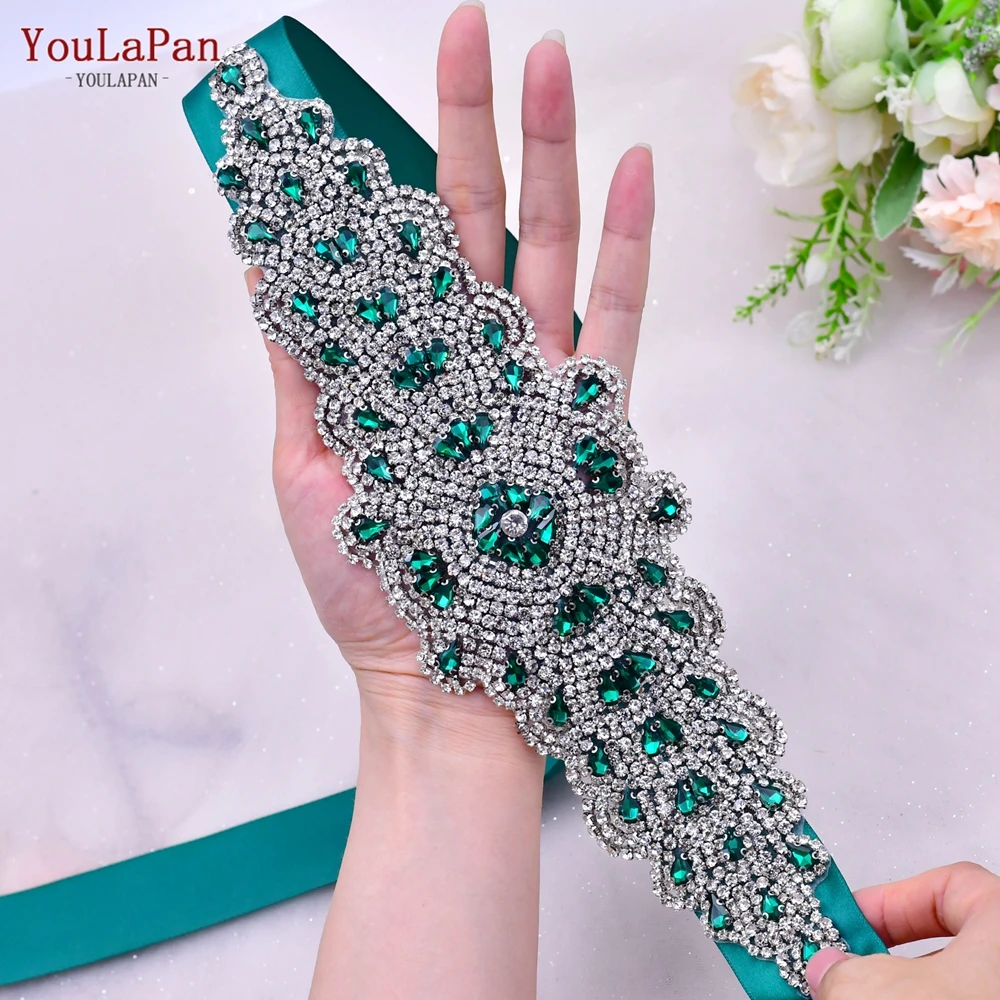 

YouLaPan S88 Green Crystal Wedding Dress Belts Woman Evening Gown Sash Ribbon Wedding Bridal Accessories Waist Decorations