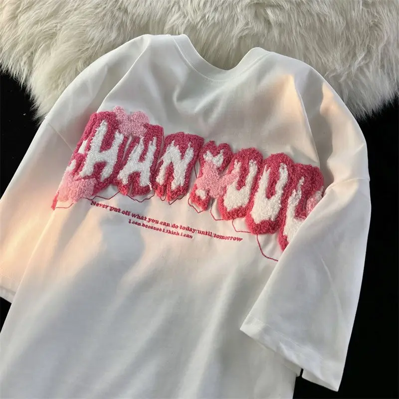 

American sweet and cool letters pure cotton short-sleeved T-shirt for women summer loose oversize lazy style half-sleeved top