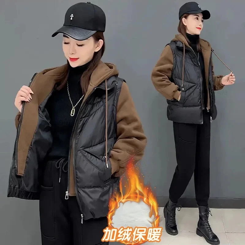 Plush and Thickened Fashion Casual Vacation Two-piece Hooded Down Cotton Jacket for Women in 2023 Winter New Loose Coat Trend