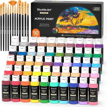 50 Colors Acrylic Paint Set, 2oz Bottles, Rich Pigments, Waterproof for Artists Beginners Kids on Canvas Wood 1