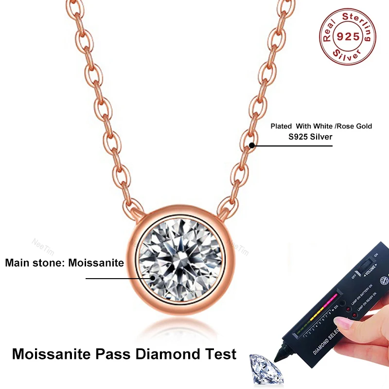 NeeTim 0.5ct 1ct Round D VVS1 Moissanite Necklace for Women Sterling Silver 925 Pendant with Rose Gold Plated Jewelry Certified 5