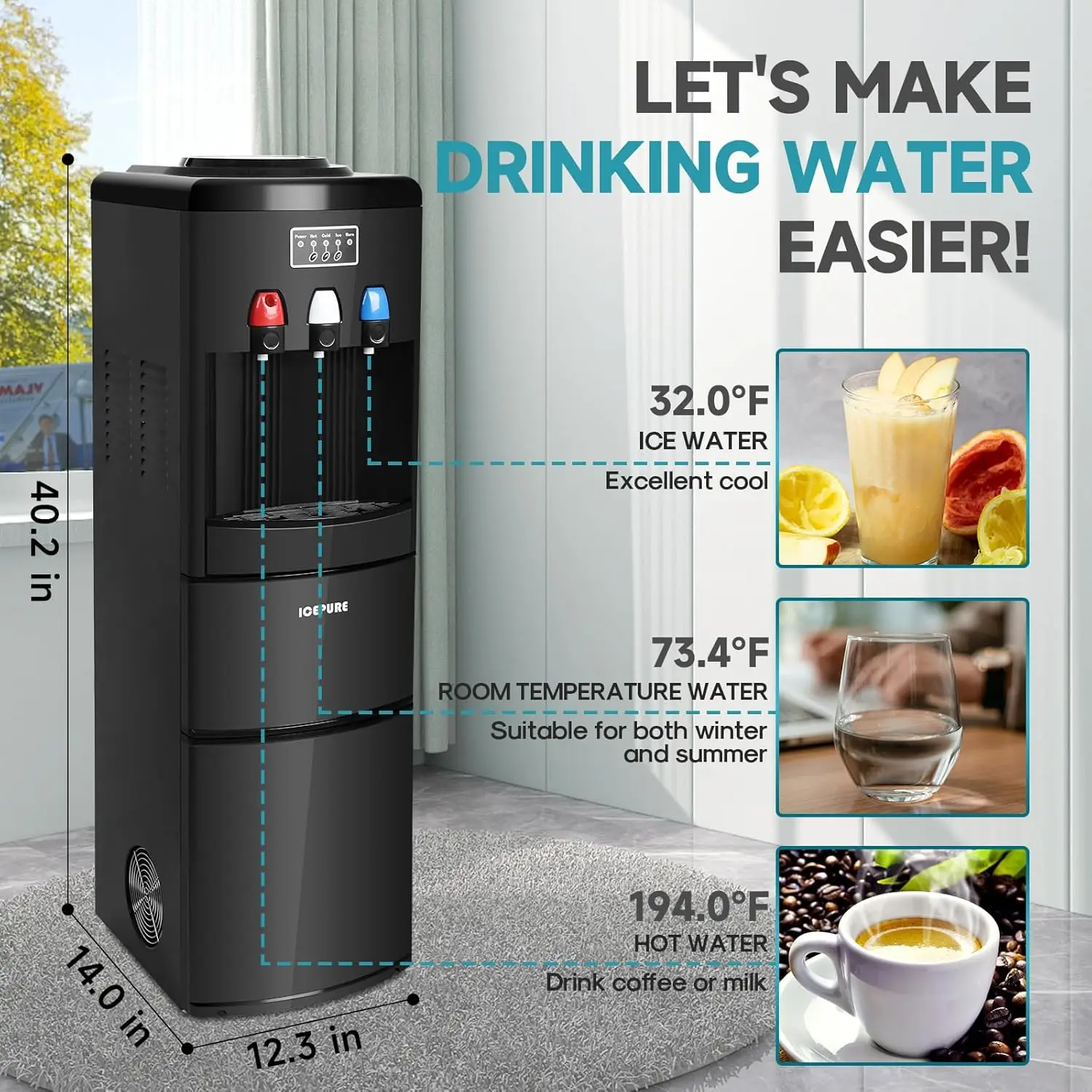 3 in 1 Water Cooler Dispenser with Built-in Ice Maker, Hot Cold Room Temp Water and Bullet Ice, Top Loading 2, 3 or 5 Gallon, 26 5