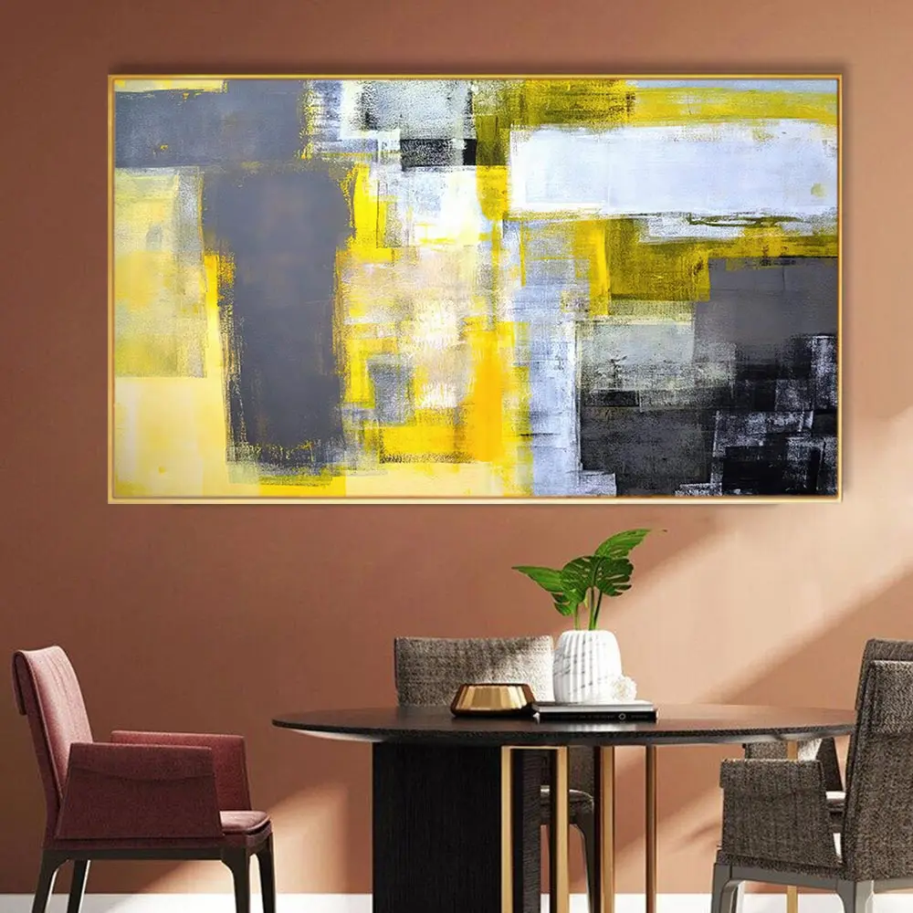 Modern Wall Art Abstract Paintings Yellow Grey And White Canvas