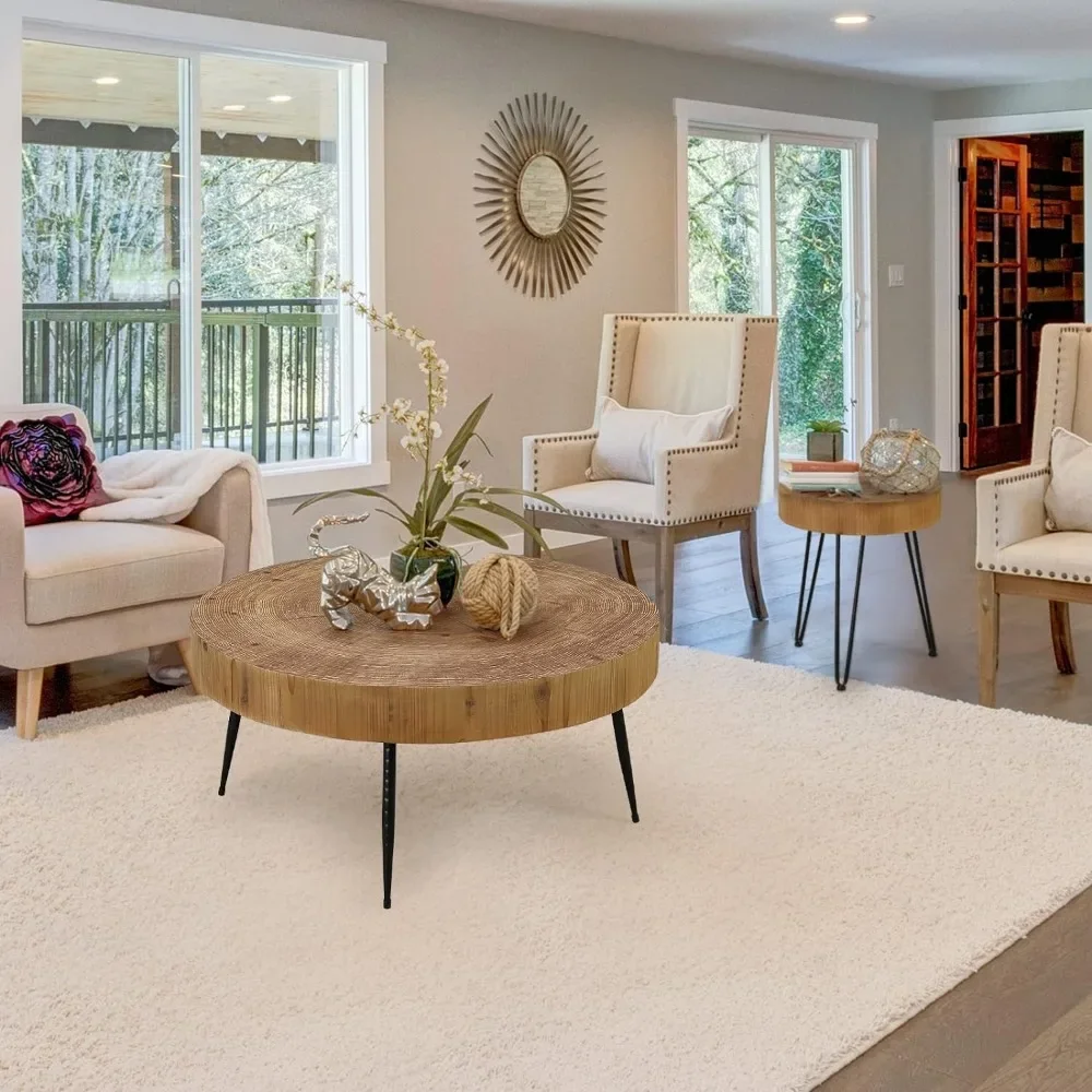 Farmhouse Round Coffee Table Set of 2,Cocktail Table Set,Modern Circle Natural Wood Finsh Side and End Sets Planar,Natural