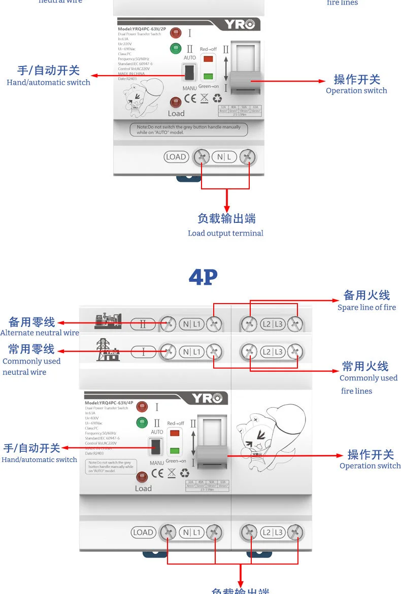 Din Rail 2P 4P ATS Dual Power Interruttore di trasferimento automatico Selettori