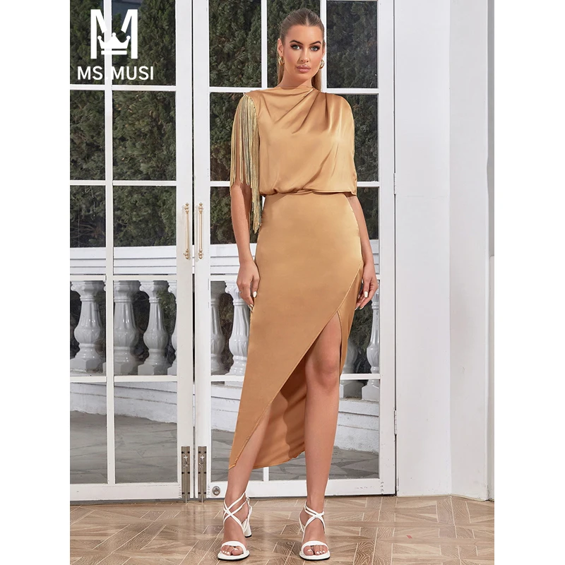 

MSMUSI 2024 New Fashion Women Sexy Solid Tassels Draped Fold Slit Short Sleeve Bodycon Party Club Event Slim Midi Dress Vestidos