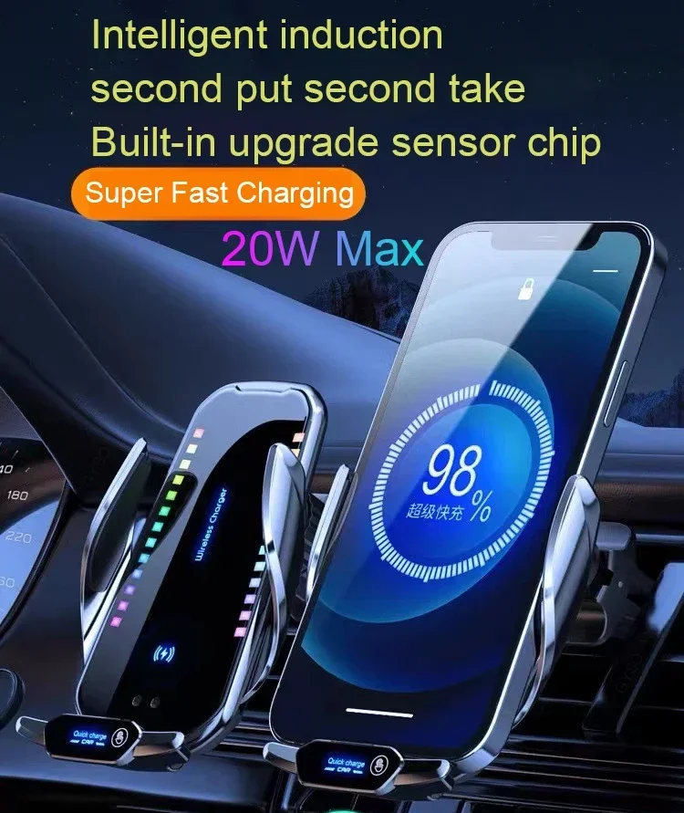 RGB Car Phone Holder 20W Wireless Charger For iPhone 12 13 14 15