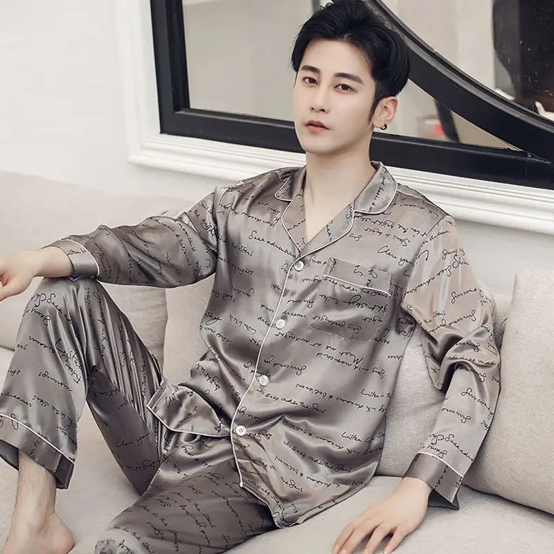 Summer Silk Sleepwear Men Pajamas Sets Tops Pants Two Pieces Loungewear Nightwear Lounge Suits Pajamas Loose Sleep Lounge New