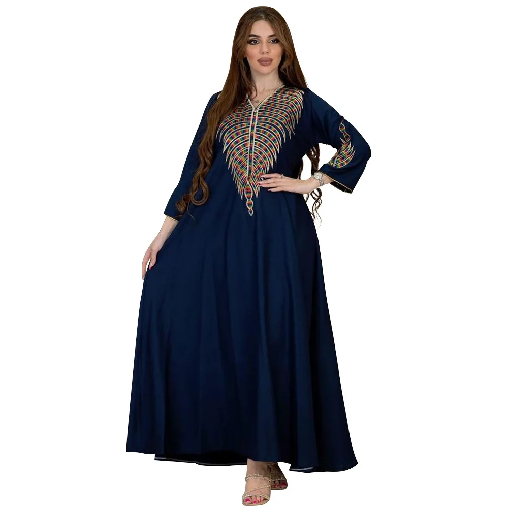 

2023 Abayas for Women Muslim Fashion Women Long Sleeve V-neck Embroidery Pink Blue Green Long Abaya Muslim Dresses Abaya Dress