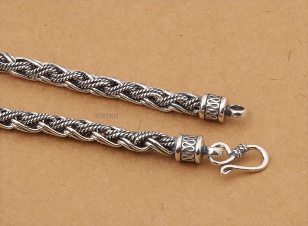 

100% guarantee S925 sterling silver handmade twisted rope vintage Thai silver necklace 7mm coarse personality male silver chain
