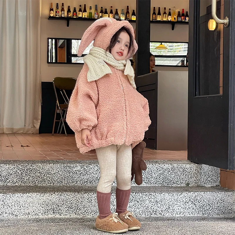 

Loose Lamb Velvet Warm Children's Jacket Coat For Girls 2-7Y Fall Winter Korean Cute Hooded Warm Outerwear Clothes