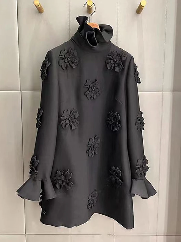 

HIGH STREET Newest 2023 Designer Fashion Women's Flare Sleeve Stunning 3D Flowers Appliques Dress