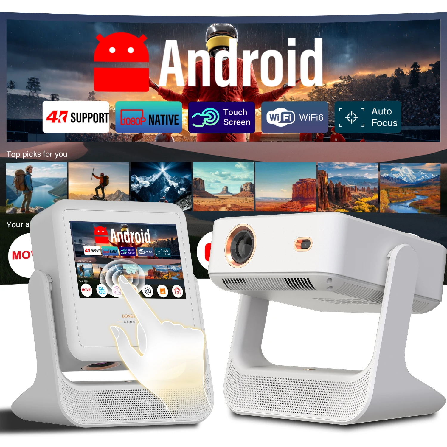 3-in-1 스마트 프로젝터 7인치 스크린 자동 초점 4K HDMI USB 블루투스 스피커 식탁 침실 천장 TV