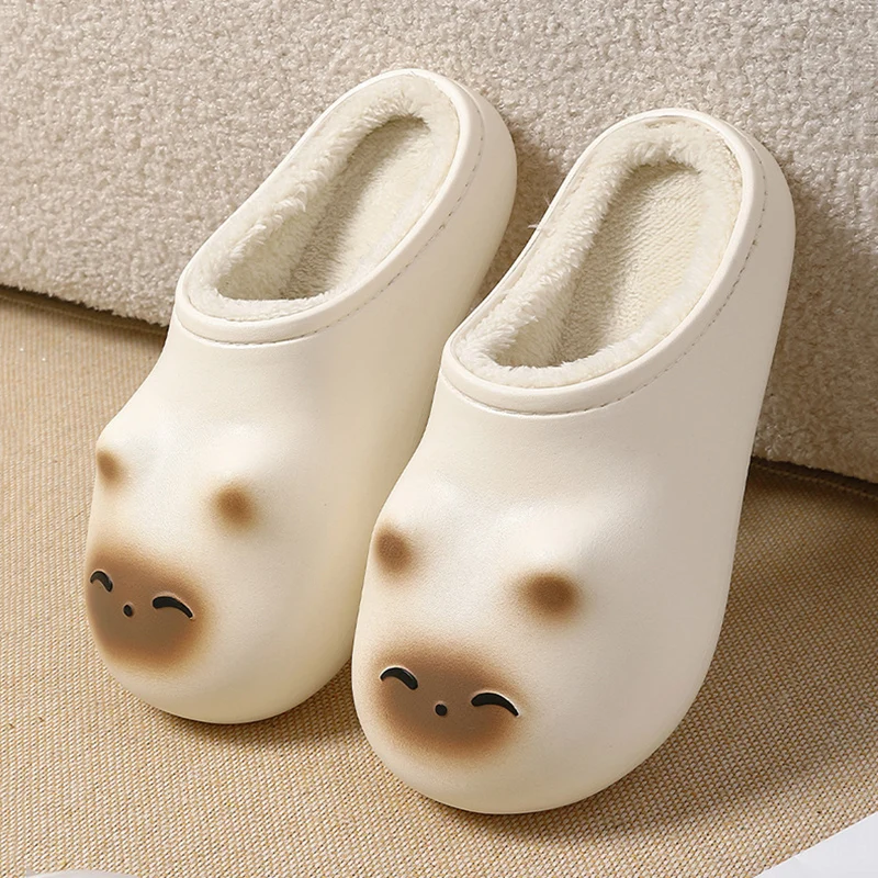 Waterproof Cartoon Cotton Slippers for Women Lovely Cat Non Slip Thick Sole Home Slippers Woman Comfort Soft Warm Plush Slides