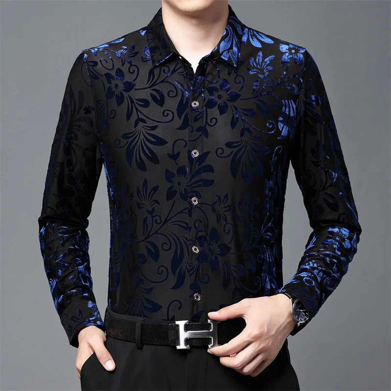 Men Red Long Sleeve Slim Fit Transparent Shirt Flower Print Velvet Shirt Club Party