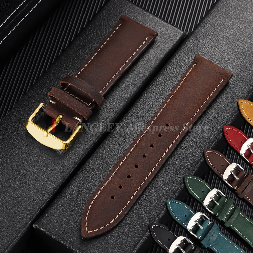 Vintage Dark Brown Cowhide Leather Watch Strap with Pins and Buckle - 20mm/22mm