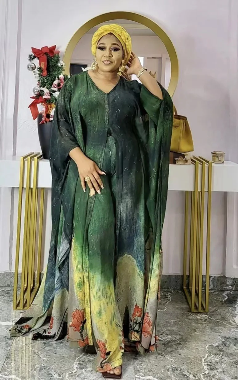

African Suit African Clothes Women Summer African Women Long Sleeve Printing Polyster Two Pieces Sets Long Robes and Long Pant