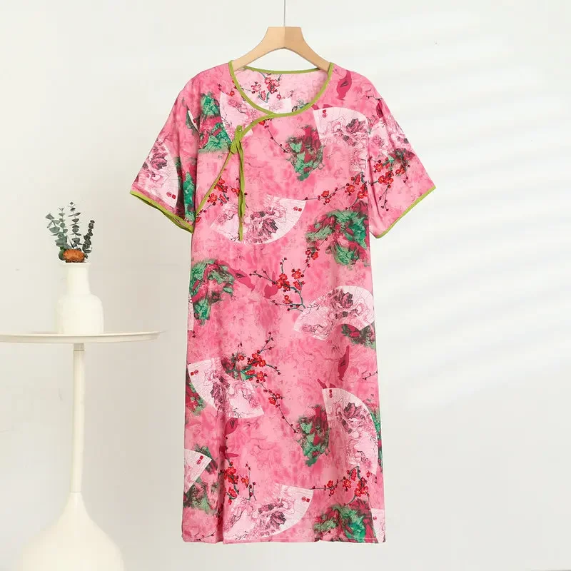 فستان حريري قطني بأكمام قصيرة على الطراز الصيني ال...