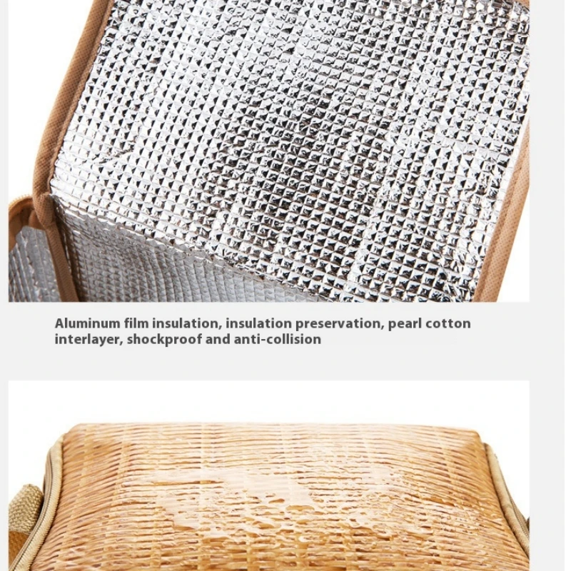 Outdoor Portable Wicker Rattan Picnic Bag, Waterproof Tableware, Insulated Thermal Cooler, Food Container, Basket for Camping