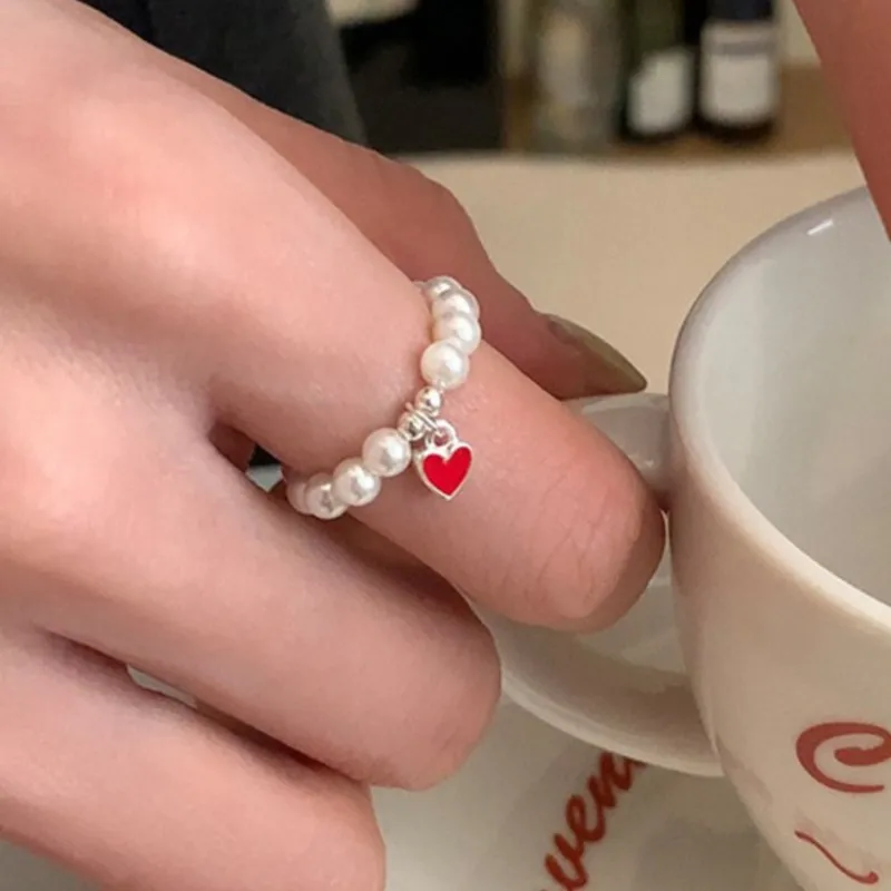 Cute Sweet Elastic Pearl Chain Ring for Women Tiny Simple Love Heart Pendant Rings Jewelry Gifts