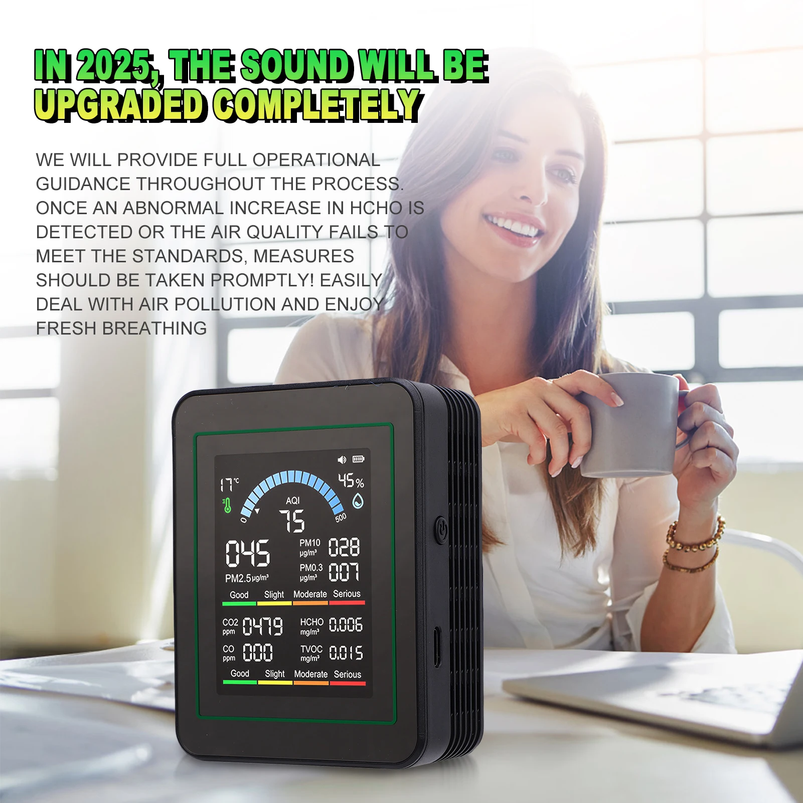 10 in 1 HCHO Meter, Portable Temperature and Humidity Meter with Color Screen for Home, Office, Vehicle, Detect PM0.3 PM2.5 PM10