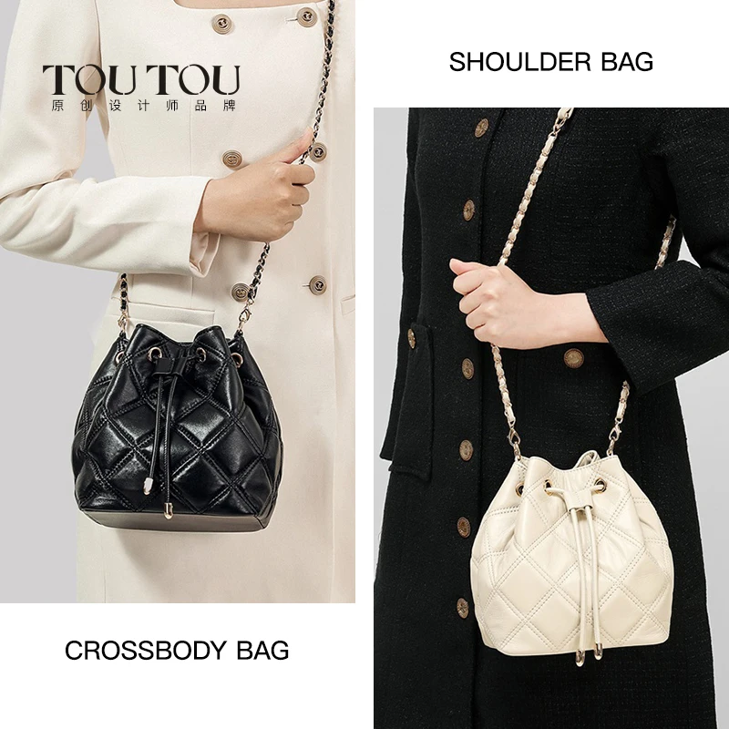 TOUTOU Genuine Leather Quilted Drawstring Bucket Bag for Women With Chain  Strap Crossbody Handbag for Daily Use and Commuting - AliExpress