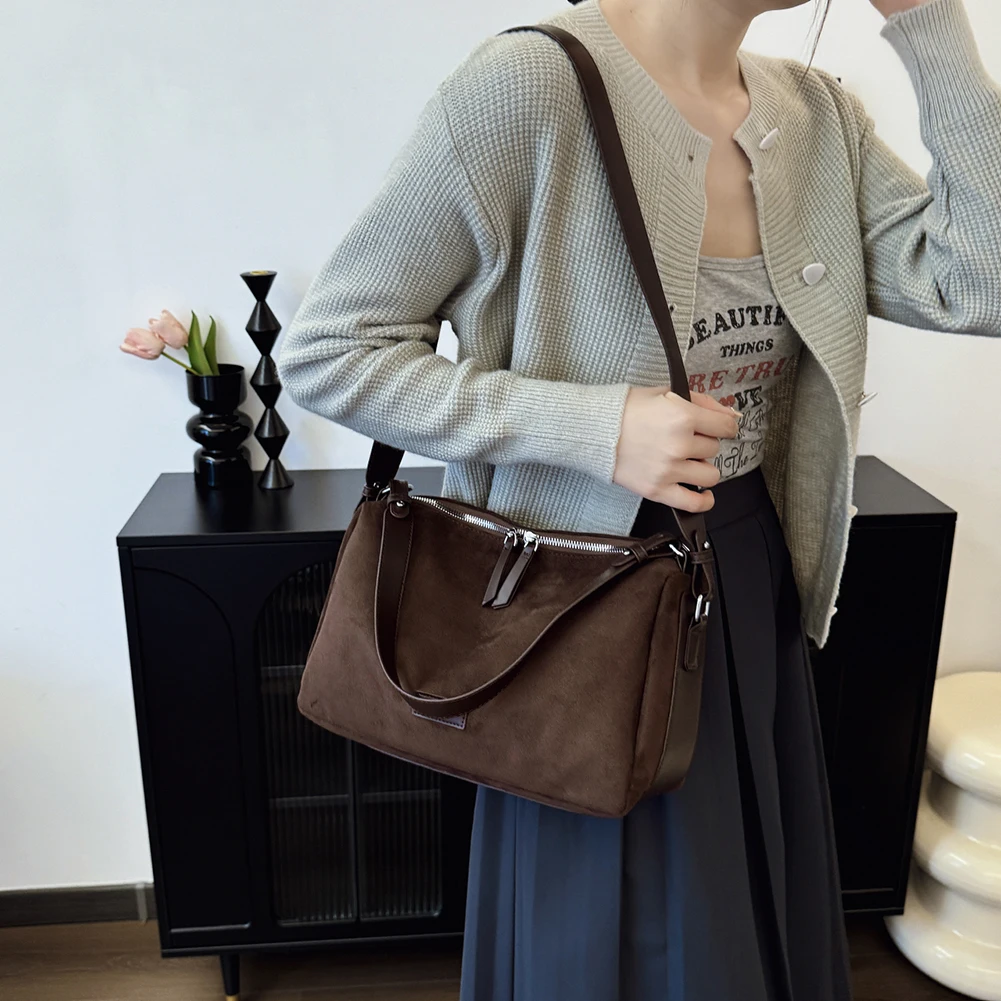 Faux Suede Shoulder Bag Women Vintage Tote Handbag Adjustable Strap Crossbody Messenger Bags Trendy Satchel Hobo Commuter Bag