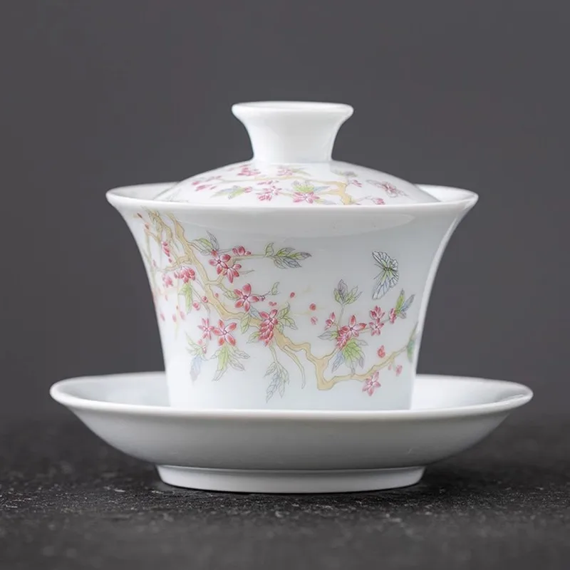 Shadow Celadon Covered Bowl, Tea Cup, White Porcelain Suspended Tea Bowl with Lid, Sancai Ceramic Kung Fu Household Set