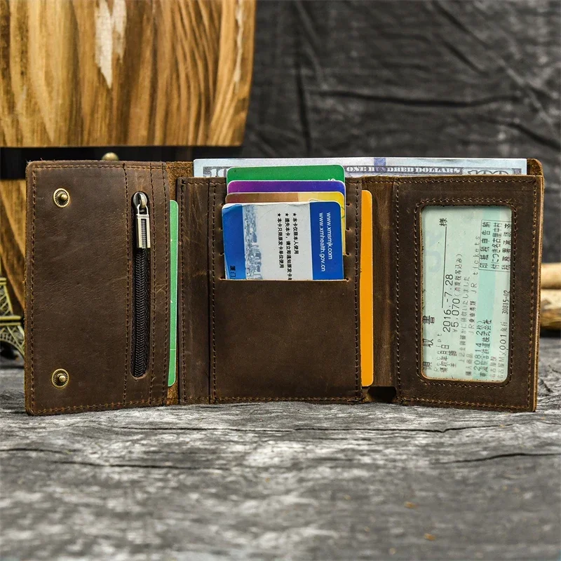 Genuine Leather Men Wallet Card Holder with Iron Chain