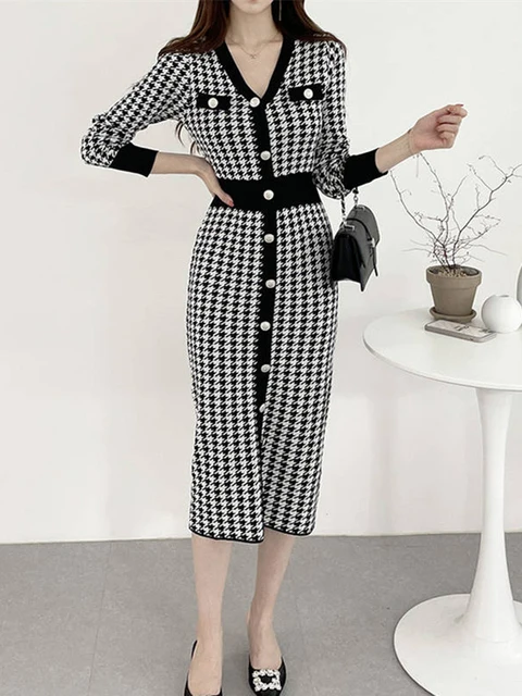 Dress Midi Bodycon Korean Fashion | Korean Office Elegant Dresses ...