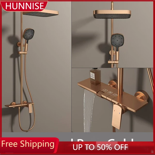 ชุดระบบฝักบัวอาบน้ำแบบเปียโน ร้อน-เย็น สีโรสโกลด์ขัดเงา พร้อมก๊อกน้ำแบบน้ำตกและฝักบัวแบบเรนชาวเวอร์ 1