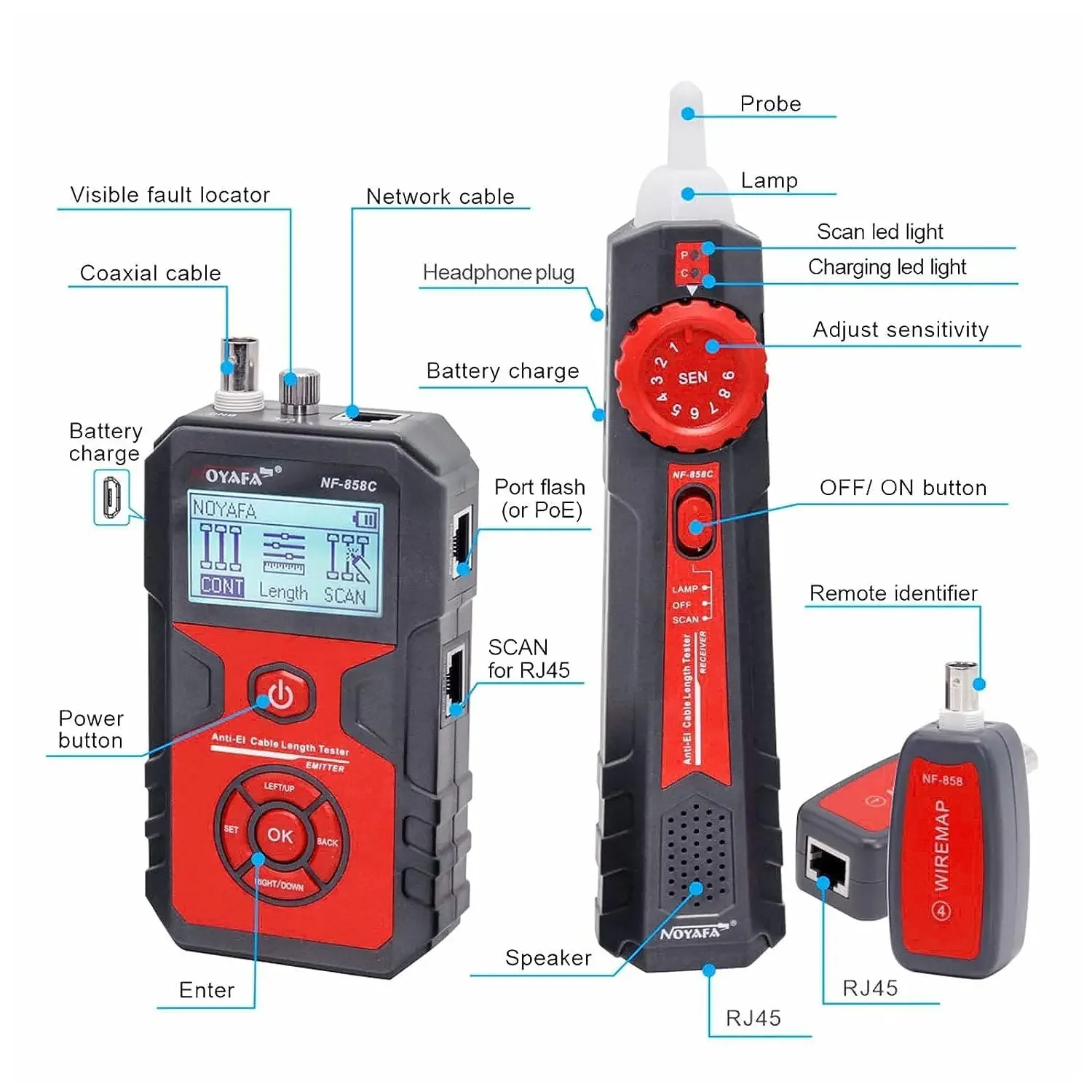 [ NEW] NF-858C Network Cable Tester Multifunctional With VFL Function RJ11 RJ45 BNC POE Voltage Testing Trace Cable Line Loc