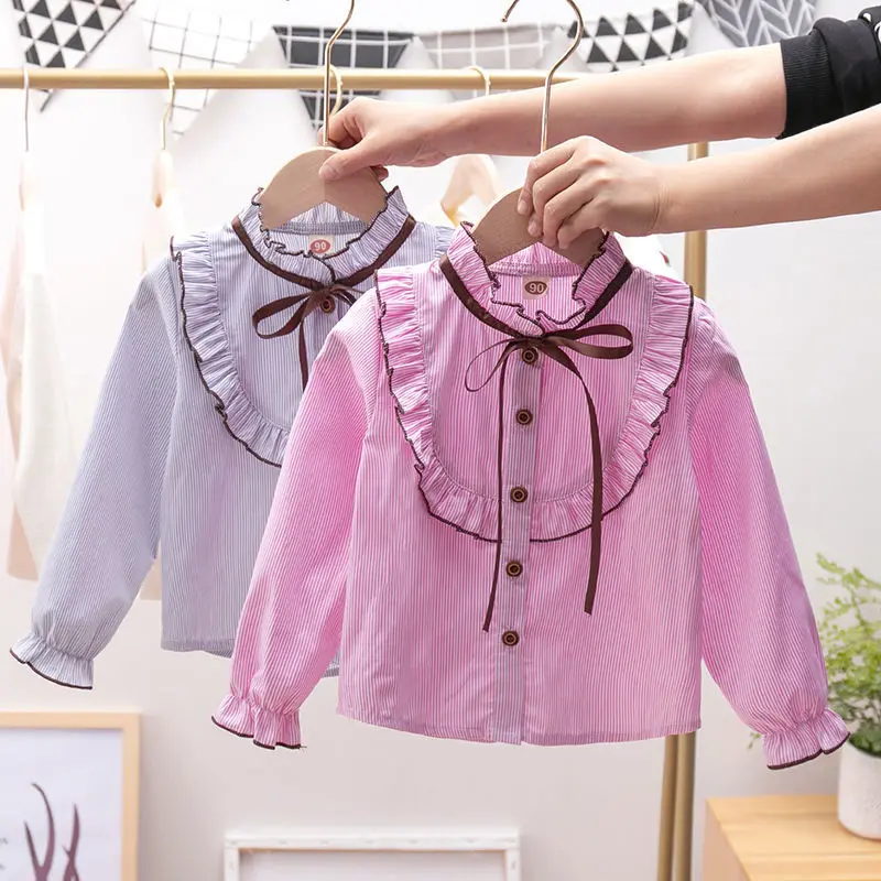 

2023 Spring and Autumn 2-12 Years Children Kids Baby Long Sleeve Striped Bow Doll Collar Cotton Blouse Shirt for Girls G75