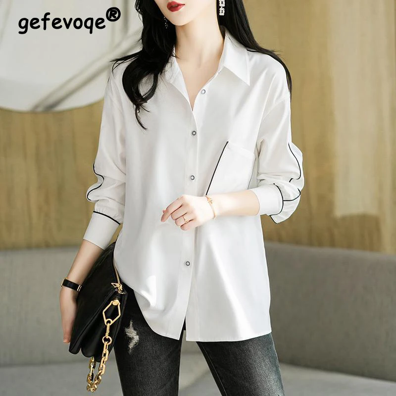 Spring Autumn Elegant Fashion Patchwork Simple Buttons Shirt Lady Long Sleeve Loose Casual All-match Bottoming Blouse Top Women