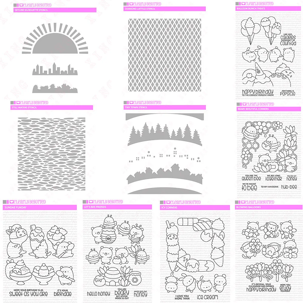 

Silicone Stamps Set New Diy Balloon Corners Bee Sundae Metal Cutting Dies Skyline Silhouette Diamond Lattice Town Waters Stencil