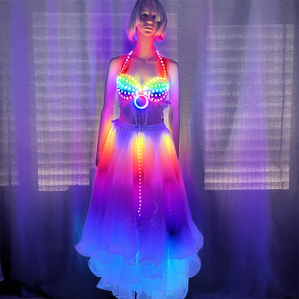 

Magicool Remote RGB Women Girl Led Costumes Skirt Sexy Bra Commercial Performance Lighting Up Clothing Bar DJ Jacket Dresses