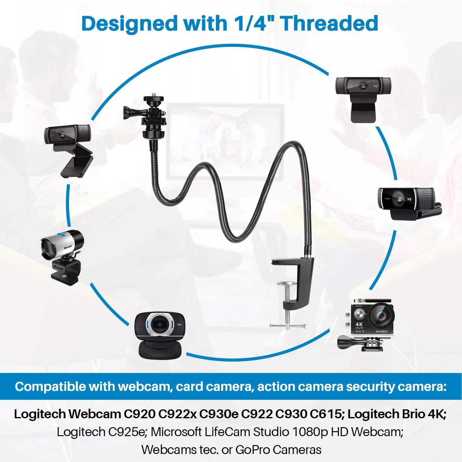Webcam Stand Upgraded Webcam Mount Stand with Flexible Gooseneck Arm and Clamp Suit for Logitech C920,C922,C930 camera holder