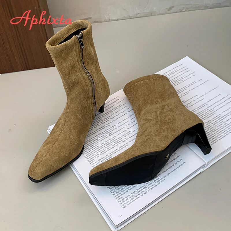 Aphixta Suede Sock Boots Women Shoes Zipper Spring Autumn High Heel Short Boot Concise Woman Ankle Boots Casual Footwear Size 42