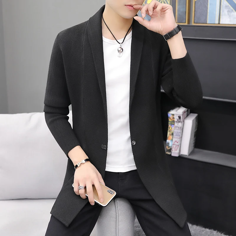 Mens Autumn and Winter Sweaters Men's X-long Knitted Sweaters Jackets Men Long Style Cardigan Solid Color Sweatercoat 3
