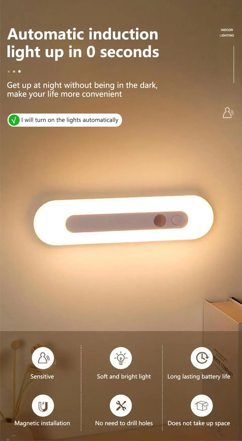 Description Picture 2 of item18CM LED Magnetic Induction Night Light 1200mAh Energy Saving Portable Lamp Brightness Adjustable White Simple Desktop Lamp