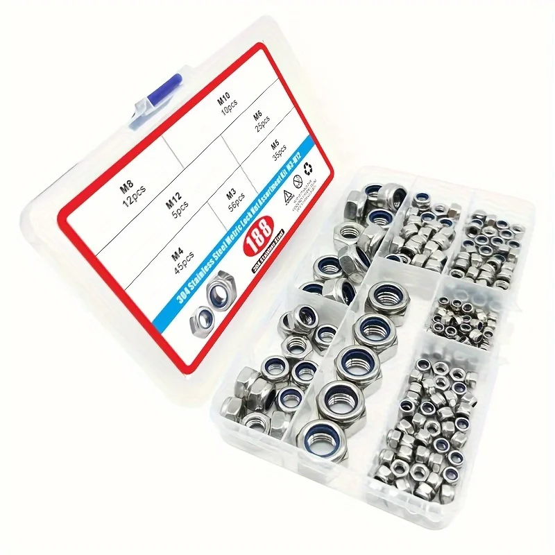 188/230/300pcs 304 Stainless Steel Lock Nut Assortment Kit Metric Nylon Insert M3 M4 M5 M6 M8 M10 M12