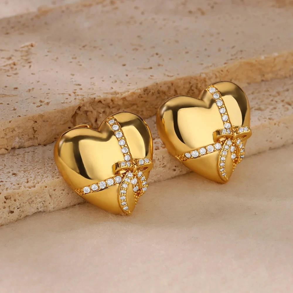 Cross Bowknot Heart Earrings for Women Stainless Steel Gold Color